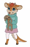 anthro antlers blue_clothing blue_eyes blue_sweater blue_topwear bottomwear closed_smile clothed clothing female fur glistening glistening_eyes hair holding_object holding_plushie hooves horn long_tail mouth_closed orange_body orange_fur pink_bottomwear pink_clothing pink_skirt plushie red_hair short_hair simple_background skirt smile solo standing sweater tail topwear white_background white_body white_fur young young_anthro young_female milk-jug deer hybrid mammal mustelid otter full-length_portrait portrait