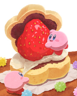 2_fingers ambiguous_gender black_eyes blue_eyes candy dessert duo earless feet fingers food fruit glistening glistening_eyes holding_food holding_object in_food large_food looking_at_object noseless not_furry pink_body pink_skin plant red_feet shadow simple_background smile strawberry text tongue white_background ara_love_kirby kirby_(series) nintendo kirby alien waddling_head 2024 4:5 clip_studio_paint_(artwork) colored digital_drawing_(artwork) digital_media_(artwork) digital_painting_(artwork) hi_res japanese_description painting_(artwork)