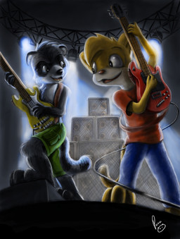 anthro barefoot bass_guitar black_eyes black_nose blonde_hair blue_bottomwear blue_clothing blue_pants bottomwear clothed clothing duo electric_guitar feet fur green_bottomwear green_clothing green_shorts grey_body grey_fur guitar hair holding_guitar holding_musical_instrument holding_object male musical_instrument open_mouth open_smile pants playing_guitar playing_music plucked_string_instrument pupils red_clothing red_nose red_shirt red_t-shirt red_topwear shirt short_hair shorts smile speaker standing string_instrument t-shirt topless topwear white_body white_fur white_pupils yellow_body yellow_fur young young_anthro young_male pandapaco art_(pandapaco) domestic_cat felid feline felis mammal procyonid raccoon