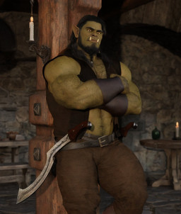 arm_hair beard big_muscles black_hair body_hair bottomwear chest_hair clothed clothing crossed_arms facial_hair green_body hair hairy happy_trail humanoid_pointy_ears long_hair male melee_weapon mercenary muscular muscular_humanoid muscular_male navel open_clothing open_topwear open_vest pants pointy_ears solo sword topwear tusks vest weapon silverjay humanoid orc hi_res