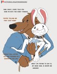 anthro clean_diaper clothed clothing collar dialogue diaper duo grope leash male male/male text touching_diaper wearing_diaper kuuneho sam_and_max max_(sam_and_max) samuel_dog canid canine canis domestic_dog lagomorph leporid mammal rabbit english_text hi_res