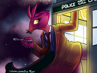 accessory anthro clothing coat curious expressions female floating galaxies glowing glowing_eyes gold_lighting leaning leaning_forward leaning_on_object leaning_sideways miutember necktie rim_light rim_lighting solo sonic_screwdriver space star suit suit_jacket suit_pants tardis tattoo tentacles topwear trenchcoat starsickstudios starstud british_broadcasting_corporation cthulhu_mythos doctor_who h._p._lovecraft cthulhu miu_(beauty_snake) tardis_(doctor_who) aquatic cephalopod coleoid cuttlefish cuttlefish_humanoid decapodiform humanoid mollusk 4:3 hi_res