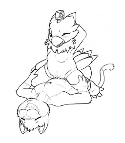 anthro anthro_on_anthro beak blush bodily_fluids breasts chest_tuft cowgirl_position cum deep_penetration duo feathers female female_on_top female_penetrated from_front_position fur genital_fluids genitals hand_behind_head interspecies male male/female male_on_bottom male_penetrating male_penetrating_female mane on_bottom on_top one_eye_closed open_mouth penetration penile penile_penetration penis_in_vagina sex simple_background small_breasts spread_legs spreading straddling tail tail_feathers tuft vaginal vaginal_penetration vulva white_background wink c0nnerc00n bandai_namco digimon duez avian bird biyomon digimon_(species) felid mammal line_art monochrome