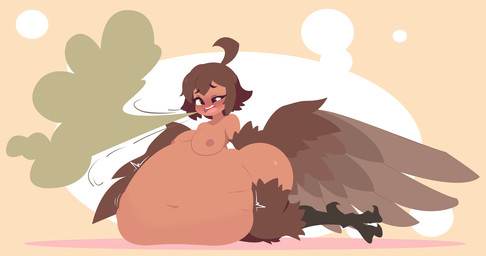 after_vore belly big_belly breasts brown_hair burping female female_pred hair overweight simple_background solo vore wings smuggoblin european_mythology greek_mythology mythology mariposa_(smuggoblin) avian harpy humanoid mythological_avian mythological_creature 2026 hi_res