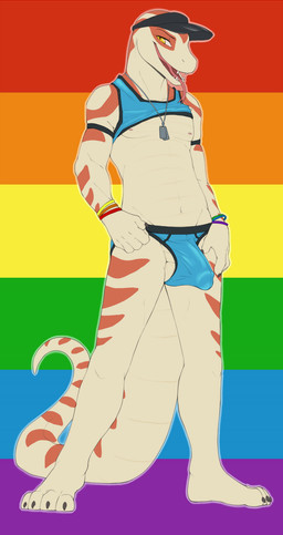 4_toes 5_fingers anthro armlet athletic athletic_male balls biped bracelet bulge claws clothed clothing clothing_lift detailed_bulge dog_tags erection erection_under_clothing fangs feet fingers forked_tongue genital_outline genitals hat headgear headwear jewelry lgbt_pride looking_at_viewer male navel nipples open_mouth orange_body partially_clothed penis penis_outline plantigrade pride_colors rainbow rainbow_background rainbow_pride_colors raised_clothing raised_shirt raised_topwear shirt shirt_lift simple_background solo standing stripes tail tan_body tank_top teeth toe_claws toes tongue tongue_out topwear underwear visor_cap yellow_eyes sukebepanda derrick_(hextra) colubrid corn_snake lampropeltini rat_snake reptile scalie snake hi_res