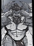 abs anthro body_hair bulge chest_hair clothing grin horn looking_at_viewer male muscular muscular_anthro muscular_male nipples one_eye_closed pecs smile solo speedo swimwear wet wet_body wink fu_ren_chi lifewonders live_a_hero obsidius bovid bovine cattle mammal absurd_res hi_res sketch