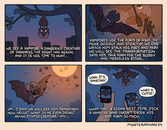 bow_tie branch cellphone city cityscape dialogue eating electronics fangs feet feral flying greeting humanoid_hands lamp male narration night no_pupils offscreen_character open_mouth outside phone plant recording silhouette smartphone solo_focus speech_bubble spread_wings teeth text tree upside_down wings morteraphan frederick_(morteraphan) arthropod bat humanoid insect leaf-nosed_bat mammal microbat vampire vampire_bat yangochiropteran 2024 comic english_text