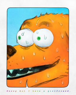 ambiguous_form bodily_fluids bulging_eyes dialogue eyebrows fur green_eyes male nervous nervous_smile rainbow_text solo speech_bubble sweat text whisker_spots wide_eyed yellow_body yellow_fur sharkinthepark dr_knot_(sharkinthepark) canid canine mammal 2026 4:5 absurd_res comic english_text hi_res