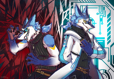 alter_ego altered_reflection anthro blue_body blue_eyes blue_fur clothed clothing coat eyewear fur glasses gradient_fur grin grinning_at_viewer head_markings heterochromia jewelry male markings necklace open_clothing open_coat open_topwear reflection sleeveless_shirt smile smiling_at_viewer split_screen topwear yellow_eyes puiidragon santac sergal absurd_res hi_res