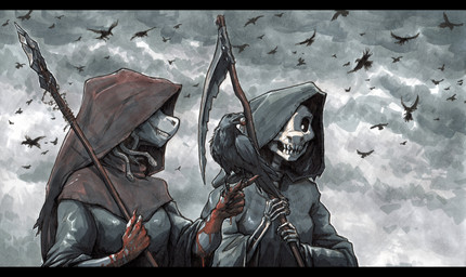 5_fingers anthro biped black_bars black_cloak black_clothing blood bodily_fluids bone brown_hood cloak clothing detailed_background duo female fingers living_hair melee_weapon polearm pseudo_hair scythe skeleton sky skyscape snake_hair spear weapon ewgengster death_(personification) war_(personification) animated_skeleton avian bird corvid corvus_(genus) crow lizard oscine passerine reptile scalie snake undead 2025 absurd_res hi_res letterbox traditional_media_(artwork)