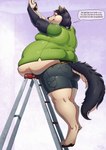 anthro belly belly_peeking_out belly_rest big_belly black_body black_fur black_pawpads bottomwear butt clothing denim denim_bottomwear denim_clothing denim_shorts dialogue exposed_belly fluffy fluffy_tail fur green_clothing green_shirt green_t-shirt green_topwear hotpants huge_belly ladder looking_back love_handles male moobs obese obese_anthro obese_male on_ladder orange_eyes overweight overweight_anthro overweight_male pawpads shirt shorts solo speech_bubble standing t-shirt tail tan_body tan_fur text tight_bottomwear tight_clothing tight_topwear topwear undersized_clothing undersized_topwear azsola belly_on_ladder_meme canid canine canis mammal wolf 2022 english_text hi_res meme signature