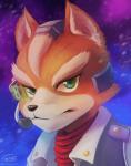 anthro ascot black_nose close-up clothed clothing electronics fur green_eyes jacket looking_at_viewer male microphone scouter solo space topwear haychel nintendo star_fox fox_mccloud canid canine fox mammal 2015 hi_res portrait signature