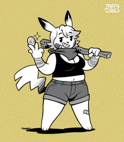 anthro band-aid band-aid_on_knee band-aid_on_leg bandage barefoot black_clothing black_shirt black_tank_top black_topwear bottomwear clothing coin feet female hair holding_coin holding_object holding_stick kerchief looking_at_viewer neckerchief neckwear shirt shorts simple_background smile stick tail tank_top topwear trans_sexual_dimorphism yellow_background taffywabbit nintendo pokemon lanie_(keffotin) generation_1_pokemon pikachu pokemon_(species) 2025 trans_(lore) trans_woman_(lore)