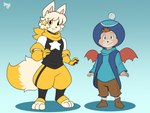 anthro clothed clothing duo footwear fully gloves handwear hat headgear headwear kerchief male shirt shoes smile topwear vest wings jaeh final_fantasy square_enix canid canine fox lagomorph leporid mammal moogle rabbit 2018