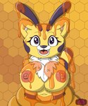 antennae_(anatomy) anthro areola big_breasts black_stripes breasts chest_tuft covered_breasts covered_face eyelashes fangs female food fur fur_tuft honey_(food) honey_pot inner_ear_fluff looking_at_viewer markings navel nipples nude open_mouth patterned_fur pink_nipples simple_background smile solo striped_body striped_fur striped_markings striped_tail stripes stuck tail tail_markings teeth tongue tuft upper_body yellow_body yellow_fur annaengine mob_entertainment poppy_playtime cat-bee_(poppy_playtime) arthropod bee domestic_cat felid feline felis hybrid hymenopteran insect living_toy mammal 5:6 absurd_res digital_drawing_(artwork) digital_media_(artwork) hi_res signature