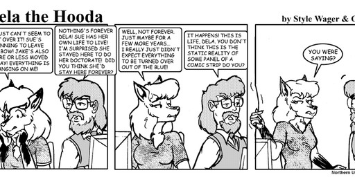 anthro beard breaking_the_fourth_wall breasts clothed clothed_female clothed_male clothing computer dialogue dipstick_ears duo ear_markings electronics eyewear facial_hair female fur glasses gloves_(marking) hair male male/female markings multicolored_ears text style_wager dela_the_hooda dela_aldershaw frank_dunn canid canine fox hooda human mammal 2003 comic english_text greyscale monochrome