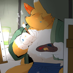 anthro apron blue_apron blue_clothing brush clothing lamp lantern male muscular muscular_anthro muscular_male paint paintbrush painting_(object) palette pecs solo text hyaku_(artist) animal_crossing nintendo crazy_redd canid canine fox mammal japanese_text