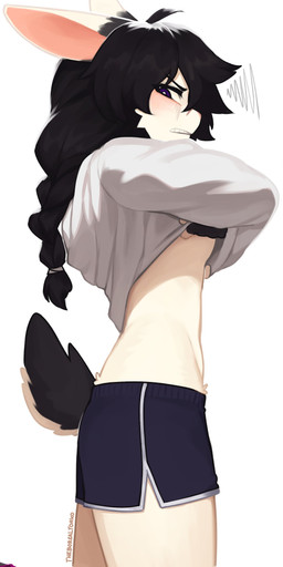 annoyed anthro black_hair blush bottomwear braided_hair braided_ponytail breasts clothed clothed_anthro clothed_female clothing dolphin_shorts female female_anthro fur hair looking_at_viewer ponytail shorts side_view simple_background solo tail under_boob undressing white_body white_fur yoako solstice_(visitorvun) lagomorph leporid mammal rabbit 2025 absurd_res digital_media_(artwork) hi_res