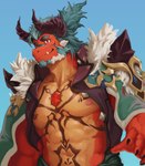 abs anthro blue_hair body_tattoo cape chest_gem clothing facial_hair gem goatee hair horn male muscular muscular_male navel nipples pecs red_body red_eyes red_scales scales shirt solo topwear white_hair ko-shu anothereidos_of_dragon_vein_r mythology atmos_(anothereidos_r) dragon mythological_creature mythological_scalie scalie absurd_res hi_res