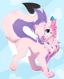 blue_eyes fangs female feral fur glistening glistening_eyes inner_ear_fluff looking_at_viewer markings open_mouth open_smile pink_body pink_fur pink_inner_ear_fluff purple_body purple_fur purple_markings purple_nose quadruped side_view simple_background smile solo spade_tail tail teeth tuft bloominglynx canid canine mammal 2025 digital_drawing_(artwork) digital_media_(artwork) hi_res