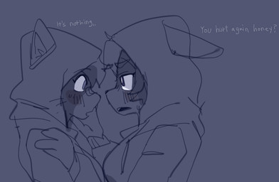 anthro band-aid band-aid_on_face band-aid_on_nose bandage bandage_on_face bandage_on_nose clothed clothed_anthro clothed_female clothing dialogue drawstring_hoodie drawstring_topwear duo eye_contact eyebrows female female/female female_anthro furgonomic_headwear furgonomic_hood furgonomics hair hand_on_another's_cheek hand_on_another's_face hand_on_another's_shoulder hand_on_cheek hand_on_face hand_on_partner hand_on_partner's_face hand_on_partner's_shoulder hand_on_shoulder hood hoodie interspecies looking_at_another open_mouth side_view simple_background talking_to_another talking_to_partner text topwear white_sclera puppy_in_space ventura_city_drifters alina_scratch mini_(puppy_in_space) canid canine canis domestic_cat domestic_dog felid feline felis mammal russian_blue blue_and_white english_text monochrome