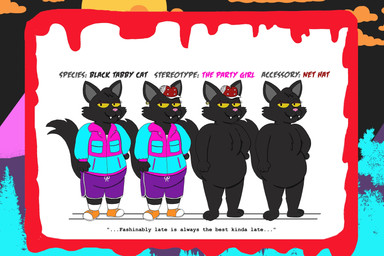 1980s_theme accessories_only accessory anthro athletic_wear black_body black_coded black_fur blood bodily_fluids bottomwear bright_colors cheek_tuft chest_tuft clothing ear_piercing ear_ring eyelashes eyeshadow facial_tuft fangs female footwear fur fuzzy_tail gym_bottomwear gym_shorts hand_on_hip hat hat_only headgear headgear_only headwear headwear_only horror_(theme) humor makeup mostly_nude no_genitals nude overweight piercing pink_nose pockets pointy_ears quote red_clothing red_hat red_headwear ring_piercing shoes shorts slightly_chubby sneakers socks solo teeth text tuft windbreaker yellow_eyes zipper alystairphantem black_lives_matter the_party_animals tabitha_night_(the_party_animals) domestic_cat felid feline felis mammal tabby_cat 3:2 absurd_res english_text hi_res model_sheet
