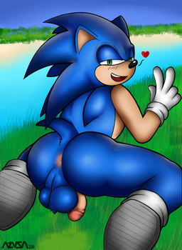 anthro anus backsack balls butt clothing flaccid footwear genitals gesture gloves hand_gesture handwear heart_symbol humanoid_genitalia humanoid_penis kneeling looking_at_viewer male nude penis shoes simple_background smile socks solo tail v_sign azusagp sega sonic_the_hedgehog_(series) sonic_the_hedgehog eulipotyphlan hedgehog mammal 2026 digital_media_(artwork)