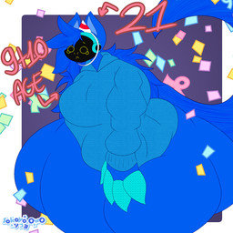 4_fingers anthro big_breasts birthday blue_body blue_fur blue_hair breasts claws clothing confetti cybernetics female fingers fur hair hat headgear headwear hunched_over hyper long_tail machine party_hat protogen_visor sad tail yellow_eyes sokoyo_owo starry_(sokoyo_owo) canid canine cyborg mammal protogen 1:1 hi_res