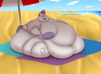 5_fingers 5_toes anthro beach belly big_belly big_breasts breasts clothing cloud day deep_navel feet female fingers fur huge_belly hyper hyper_belly morbidly_obese morbidly_obese_anthro morbidly_obese_female navel nipples obese obese_anthro obese_female open_mouth outside overweight overweight_anthro overweight_female pink_clothing pink_topwear purple_nipples sand sitting solo tail teal_eyes text toes topwear towel umbrella water white_body white_fur doublef-returns hasbro mlp_g5 my_little_pony zipp_storm_(mlp) equid equine horse mammal pony english_text hi_res shaded