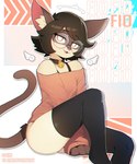 anthro bell bell_collar black_clothing black_collar black_hair black_legwear black_thigh_highs brown_ears brown_hands brown_markings brown_tail clothing collar eyewear facial_markings fur glasses hair halo head_markings inner_ear_fluff legwear male markings mask_(marking) open_mouth orange_eyes pink_clothing pink_inner_ear pink_nose pink_sweater pink_topwear round_glasses simple_background solo sweater tail text thigh_highs topwear tuft wearing_glasses white_background white_body white_fur white_inner_ear_fluff 00niine fio_(marcus_gray) domestic_cat felid feline felis mammal 5:6 character_name hi_res