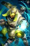 blizzard_entertainment blue_background bottomwear clothing electricity front_view glowing glowing_eyes green_clothing horn lightning loincloth looking_down low-angle_view machine not_furry omnic orisa_(overwatch) overwatch quadruped quirkilicious robot simple_background solo taur three-quarter_view yellow_eyes