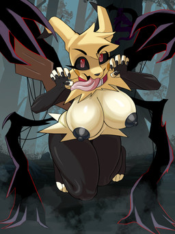 anthro areola big_breasts black_areola black_nails breasts clothing collar colored_nails creepy creepy_face creepy_smile dark_areola female foggy_background forest forest_background legwear long_tongue looking_at_viewer nails nature nature_background outline outside plant red_eyes red_outline shadow_claw sharp_nails smile solo thick_thighs thigh_highs tongue tongue_out tree wide_hips 69lewddragon69 nintendo pokemon pikaboo_(69lewddragon69) generation_7_pokemon mimikyu pokemon_(species) shadow_creature 2025 3:4 absurd_res digital_media_(artwork) hi_res