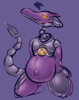 annoyed anthro belly bodily_fluids cybernetics glowing glowing_eyes machine male pregnant pregnant_male purple_background purple_body purple_skin simple_background solo squiggle sweat sweatdrop tail weapon_tail cinnamonrivers metroid nintendo meta_ridley ridley space_dragon_(metroid) 2024 digital_media_(artwork)