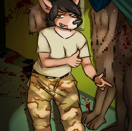 abu_ghraib anthro black_hair blood bodily_fluids bottomwear camo camo_bottomwear camo_clothing camo_pants camo_print cigarette clothed clothing female finger_gun gesture gore grin group hair hand_gesture looking_at_viewer military nude pants pattern_bottomwear pattern_clothing pattern_pants prison smile thumbs_up torture saintversa censored hi_res mosaic_censorship