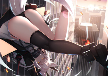 building butt city cityscape clothing cloud falling female hair jacket legwear looking_at_viewer outside scarf solo stockings sun sunset topwear underwear white_hair yellow_eyes mirufuaa animal_humanoid canid canid_humanoid humanoid mammal mammal_humanoid 2020 hi_res