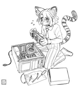 5_fingers accessory ambiguous_gender anthro biped bodily_fluids bottomwear box cable claws clothing collared_shirt computer container electrical_plug electronics fan_(object) fingers holding_object inner_ear_fluff kneeling looking_at_computer looking_at_object markings motherboard necktie nervous pants pattern_bottomwear pattern_clothing pattern_pants power_cable screwdriver shirt simple_background solo striped_bottomwear striped_clothing striped_markings striped_pants striped_tail stripes sweat sweatdrop syringe tail tail_markings tools topwear tuft white_background chimeracauldron felid mammal hi_res monochrome