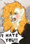 2021 angry anthro blonde_hair bodily_fluids clothed clothing crying digital_media_(artwork) eklund_daily_life_in_a_royal_family fangs felid female fur fur_markings green_eyes hair hi_res lion long_hair mammal markings open_mouth pantherine reaction_image sad sade_(firestorm3) shirt simple_background solo tears teeth text tongue topwear white_body white_fur xngfng95