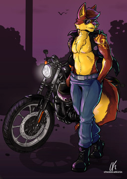 anthro armor biker boots bottomwear clothing denim denim_bottomwear denim_clothing eyewear footwear fur headgear helmet jacket jeans leather male motorcycle outside pants shoes solo sunglasses sunset tail tattoo topwear vehicle chemicalkirin canid canine canis mammal wolf digital_media_(artwork) hi_res