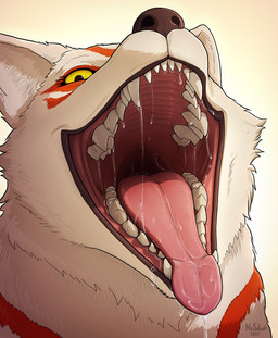 ambiguous_feral ambiguous_gender black_lips black_nose bodily_fluids brown_nose detailed_mouth dripping eye_markings eyelashes fangs feral front_view fur gaping_mouth light lips looking_at_viewer markings mouth_shot multicolored_body multicolored_fur no_sclera open_mouth open_smile palate pink_nose pink_tongue pupils red_body red_fur red_markings saliva saliva_drip saliva_on_tongue saliva_string simple_background sitting smile solo teeth throat tongue tongue_out two_tone_body two_tone_fur white_body white_ears white_fur white_inner_ear yellow_eyes mr.solar capcom okami_(capcom) amaterasu_(okami) canid canine canis deity mammal wolf 2025 absurd_res colored dated digital_media_(artwork) digital_painting_(artwork) hi_res lighting painting_(artwork) shaded signature female_(lore)