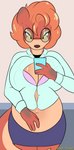 anthro belly_peeking_out big_breasts bottomwear bra bra_peek breasts button_(fastener) cellphone clothing collar dress_shirt electronics eyewear female fur glasses hair looking_at_object looking_at_phone multicolored_body multicolored_fur orange_hair phone pregnant pregnant_anthro pregnant_female red_body red_fur shirt skirt smartphone solo straining_buttons tan_body tan_fur topwear undersized_clothing underwear wardrobe_malfunction yellow_eyes petsoftthings_(artist) sasha_(petsoftthings) mammal mustelid otter hi_res