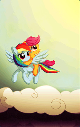 blue_body blue_feathers blue_fur cloud duo feathered_wings feathers female feral flying fur hair multicolored_hair outside pink_eyes pink_hair purple_hair quadruped rainbow_hair red_eyes simple_background sky smile sun tail wings young young_feral twodeepony friendship_is_magic hasbro my_little_pony mythology rainbow_dash_(mlp) scootaloo_(mlp) equid equine mammal mythological_creature mythological_equine pegasus 2012 animated