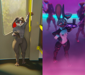 anthro bangs beverage bottomwear bow_tie clothing collared_shirt dress_shirt femboy floppy_ears heart_pasties male mask pants pasties paws platter shirt stripper topwear ghostoast lagomorph leporid mammal rabbit hi_res