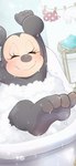 anthro bathing bathtub big_ears black_body black_fur black_nose black_toes blush bubble bubble_bath eyelashes eyes_closed feet female foam fur hanging_clothes happy implied_nudity smile soles solo toes water wet hentaib disney minnie_mouse mammal mouse murid murine rodent absurd_res hi_res