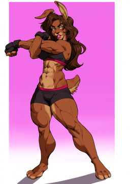 3_toes 5_fingers abs anthro athletic athletic_anthro athletic_female barefoot bio_in_description biped bottomwear bra breasts brown_body brown_fur brown_hair clothing countershade_face countershade_neck countershade_tail countershade_torso countershading digitigrade eyebrows eyelashes feet female female_anthro fingerless_gloves fingers fur gloves hair handwear hindpaw humanoid_hands iris muscular muscular_anthro muscular_female muscular_thighs navel paws pupils scut_tail short_tail shorts solo sports_bra standing stretching tail toes underwear nina_kittie kaycee_moreau-alvarez lagomorph leporid mammal rabbit hi_res story story_in_description