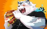 anthro biped burger clothing duo eating exclamation_point food humanoid_hands kemono male overweight overweight_male shirt teeth topwear nikiciy valkia_(nikiciy) canid canine canis mammal vampire wolf 16:10 2022 hi_res widescreen