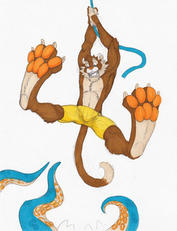 anthro blue_eyes bottomwear brown_body brown_fur brown_tail cheek_tuft claws clothed clothing facial_tuft fangs feet foot_focus front_view fur male male_anthro no_pupils open_mouth orange_pawpads pawpads simple_background slim_anthro slim_male solo tail tan_body tan_claws tan_fur teeth tentacles toe_claws topless tuft white_background yellow_bottomwear yellow_clothing hufnaar felid mammal hi_res