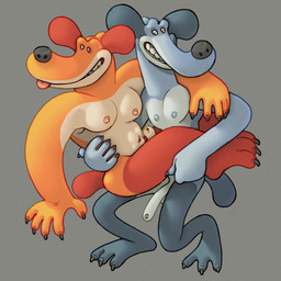 anthro black_nose blue_body blue_nipples caricature carrying_another carrying_partner chicken_legs duo erection genitals half-erect intertwined long_penis male male/male muscular muscular_male nipples orange_body penis pink_nipples short_male simple_background small_eyes smile tall_male thin_penis ravuer canid canine canis domestic_dog mammal 1:1 hi_res
