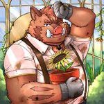 anthro brown_body clothing gardening kemono male musclegut muscular one_eye_closed open_mouth overweight overweight_male shirt solo suspenders topwear iwakuma knights_college hermann_(knights_college) mammal suid suine sus_(pig) wild_boar 1:1 2025 hi_res