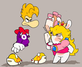 4_fingers anthro bent_arm big_nose black_eyebrows black_eyes blonde_hair blue_ear_piercing blue_eyes bottomless bottomless_anthro bottomless_female closed_frown clothed clothed_anthro clothed_female clothed_humanoid clothed_male clothing conjoined_eyes crown duo ear_piercing eye_contact eyebrows featureless_crotch featureless_legs female female_anthro fingers fist floating_hands floating_head floating_torso footwear frown furrowed_eyebrows gem grey_background grumpy gun hair headgear holding_gun holding_object holding_ranged_weapon holding_weapon hoodie larger_humanoid larger_male light long_ears long_hair looking_at_another male male_humanoid mitten_hands mouth_closed multicolored_body narrowed_eyes noseless piercing pink_clothing pink_shirt pink_topwear purple_clothing purple_hoodie purple_topwear ranged_weapon ruby_(gem) sapphire_(gem) shirt shoes short_hair simple_background size_difference smaller_anthro smaller_female squint standing tan_body tan_eyelids tan_inner_ear tan_skin text topwear two_tone_body weapon yellow_clothing yellow_footwear yellow_shoes vampkettleartz mario_bros mario_plus_rabbids_kingdom_battle mario_plus_rabbids_sparks_of_hope nintendo raving_rabbids rayman_(series) ubisoft rabbid_peach rayman humanoid lagomorph mammal rabbid raypeople_(rayman) 2023 artist_name colored crossover digital_drawing_(artwork) digital_media_(artwork) english_description hi_res lighting redraw shaded simple_shading