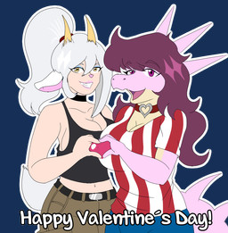 2_horns anthro big_breasts black_clothing black_shirt black_tank_top black_topwear blue_eyeshadow breasts choker cleavage clothed clothing duo eyelashes eyeshadow female fluffy fluffy_tail fur gesture grey_hair grey_tail hair head_spikes heart_gesture holidays horizontal_pupils horn jewelry long_hair long_tail looking_at_viewer makeup multicolored_body multicolored_scales necklace open_mouth open_smile pattern_clothing pattern_shirt pattern_t-shirt pattern_topwear pink_body pink_scales ponytail pupils purple_eyes purple_hair scales shirt short_tail side_boob simple_background smile snout spiked_tail spikes spikes_(anatomy) striped_clothing striped_shirt striped_t-shirt striped_topwear stripes t-shirt tail tan_body tan_fur tan_scales tank_top text topwear transparent_background two_tone_body two_tone_scales yellow_eyes arsenic_iii cavemanon_studios snoot_game valentine's_day chelsea_(arsenic_iii) fan_character snowflake_(arsenic_iii) aquilops bovid caprine ceratopsian dinosaur goat mammal marginocephalian ornithischian prehistoric_species reptile scalie 2025 alpha_channel digital_drawing_(artwork) digital_media_(artwork) english_text